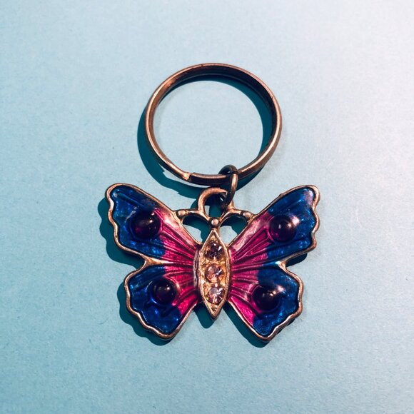 Butterfly Keychain Purple & Blue Enamel Silver Tone Metal Pink Rhinestones - Picture 1 of 2